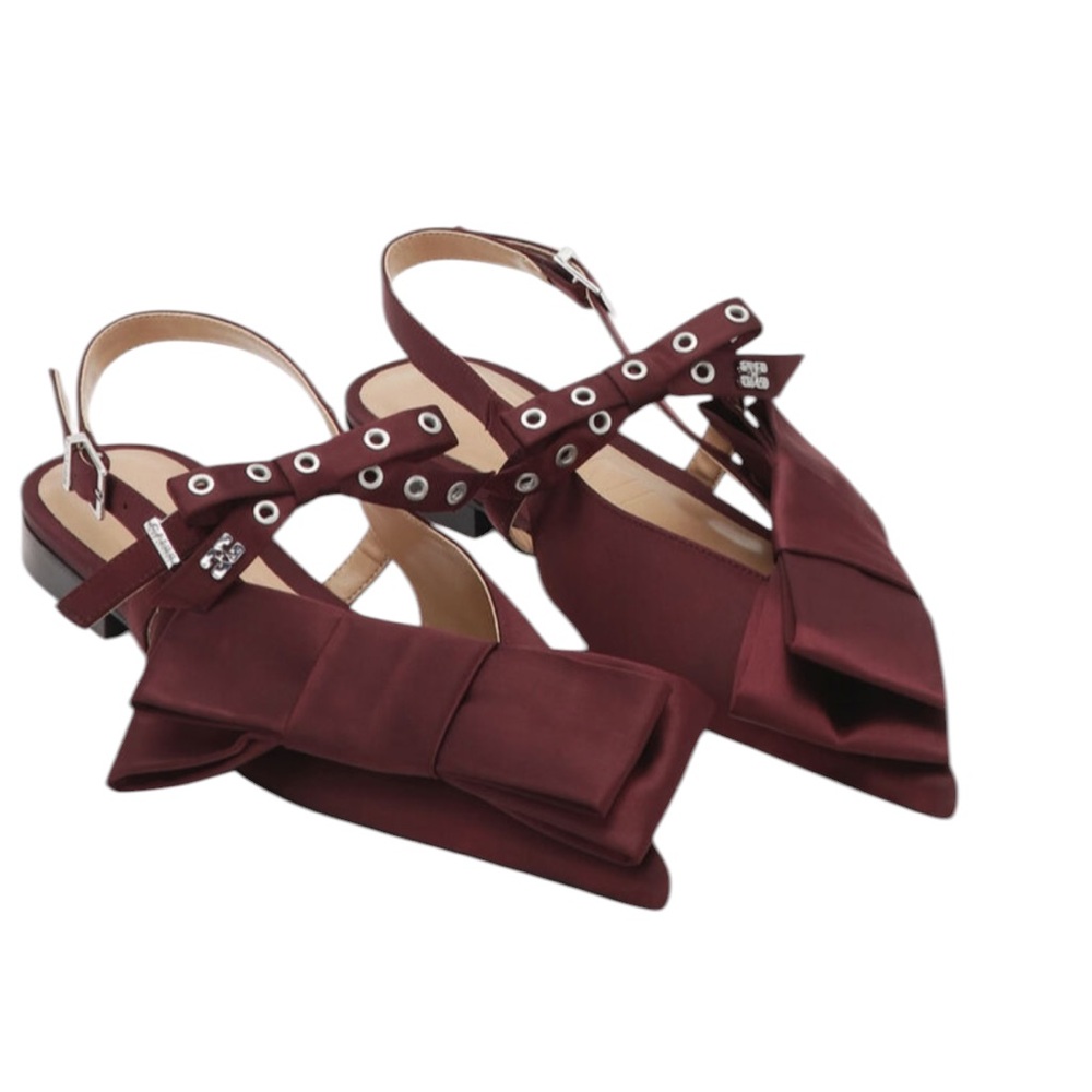 Ganni Big Bow Pointed Slingback Flat Burgundy Shoes – EU38/US8 - Picture 2 of 14